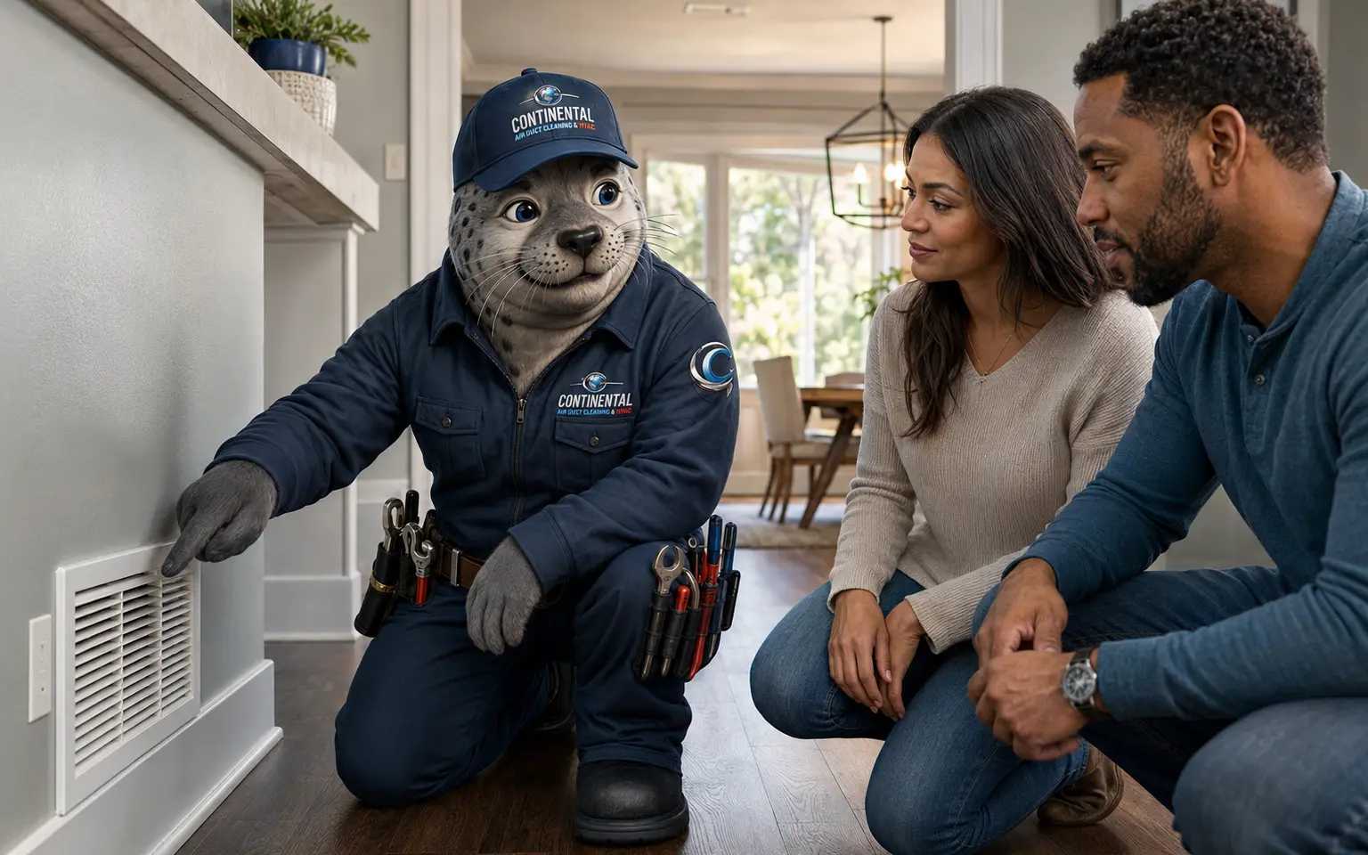 Conti, Continental’s gray spotted seal mascot, showing two North Texas homeowners a residential air vent
