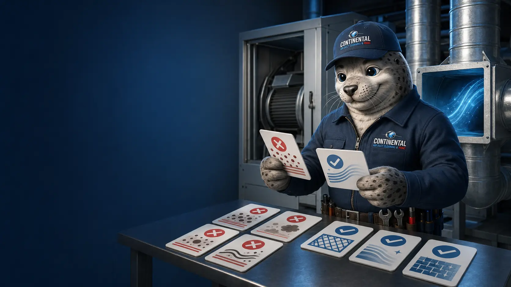air duct cleaning myths and facts guidance with Conti sorting fact cards beside a clean HVAC system