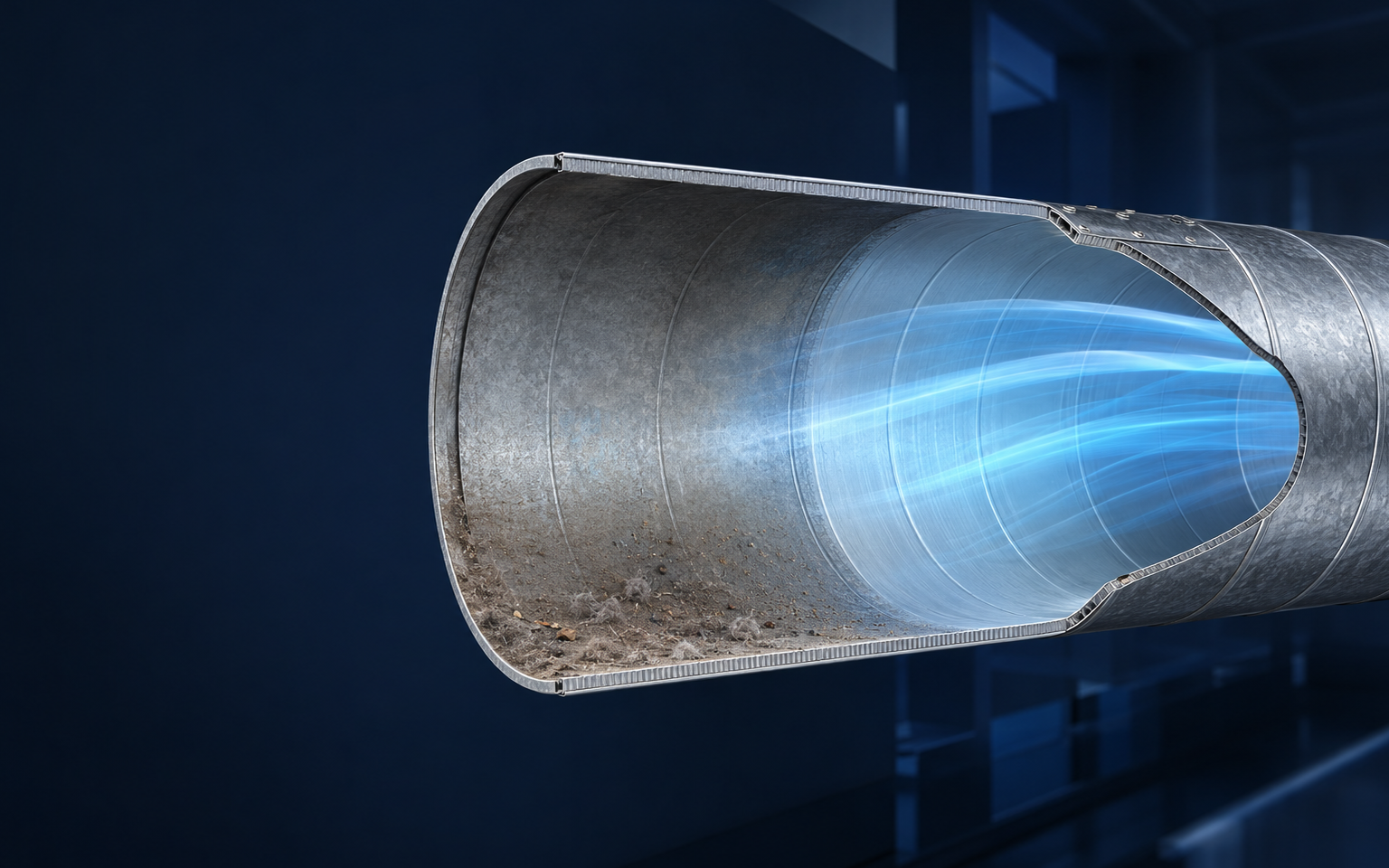 3D air duct cross-section showing restrained debris and a clear airflow path
