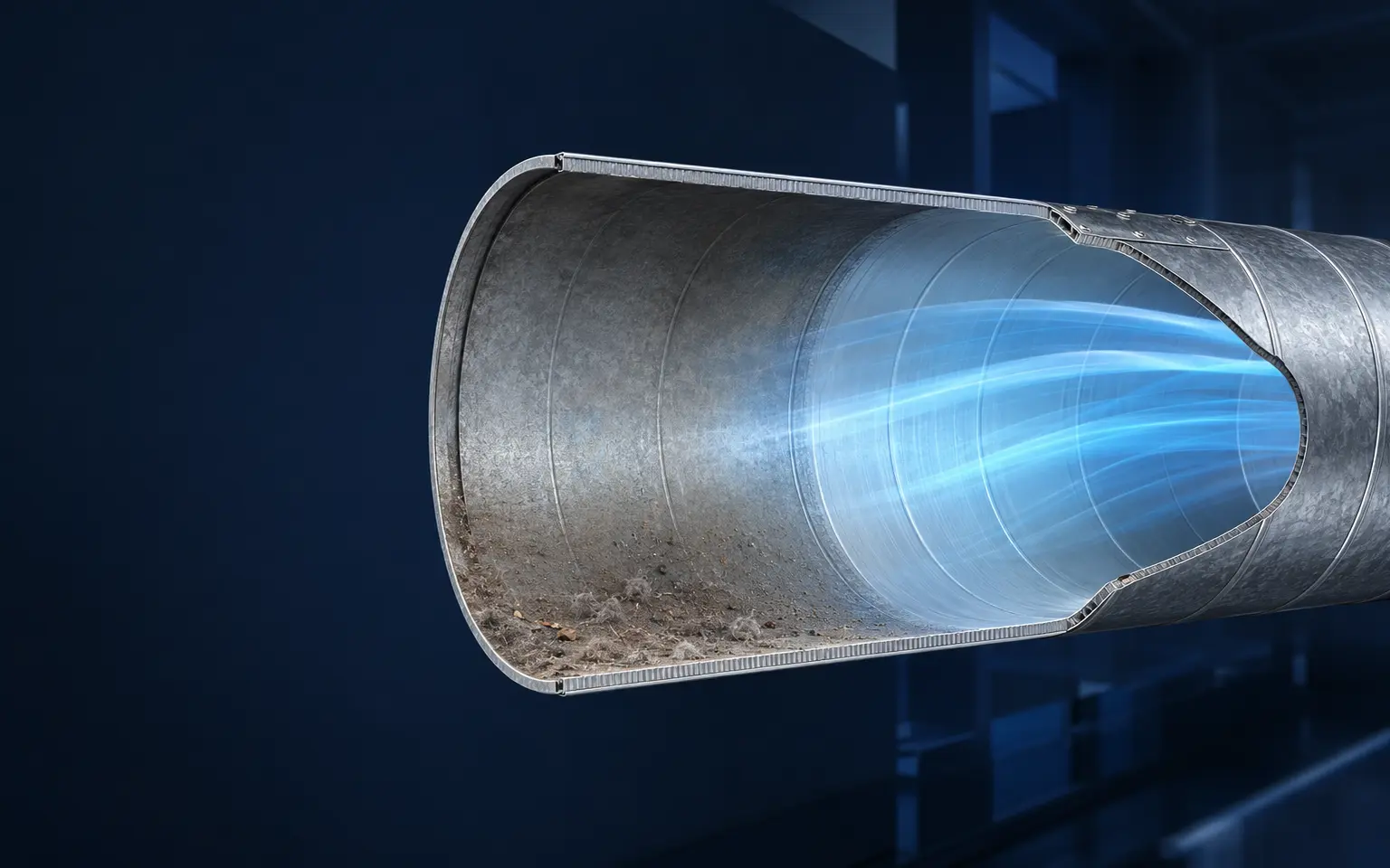 3D air duct cross-section showing restrained debris and a clear airflow path