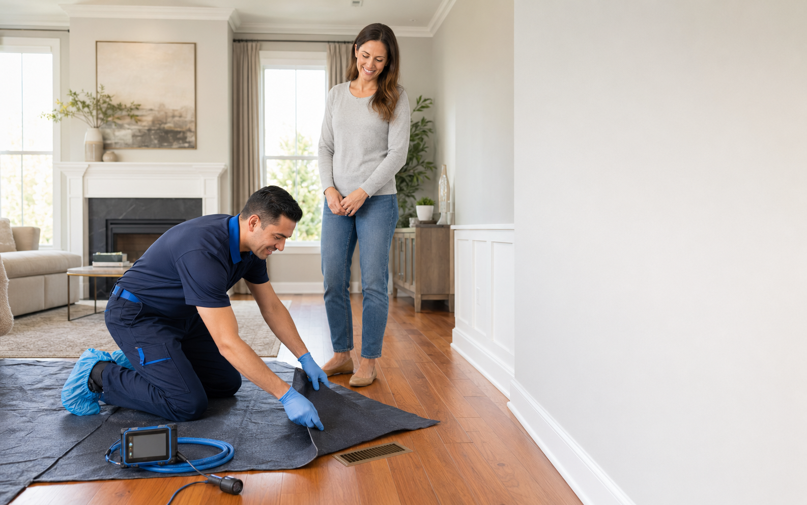 Air duct technician protecting a living room before inspecting a supply register