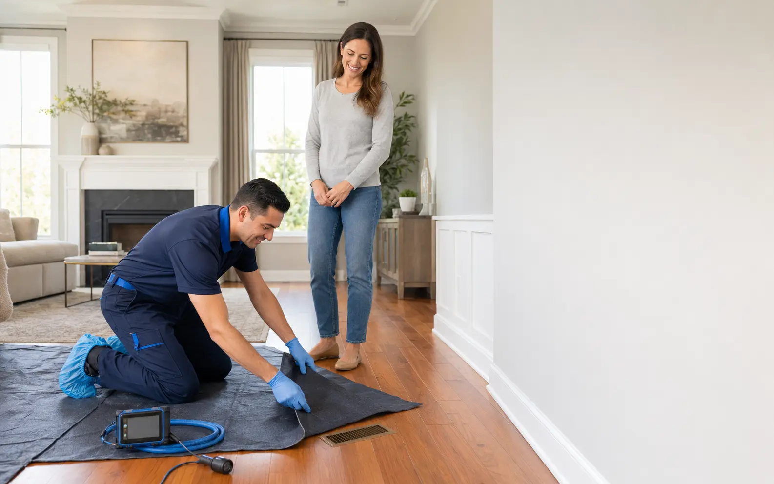 Air duct technician protecting a living room before inspecting a supply register
