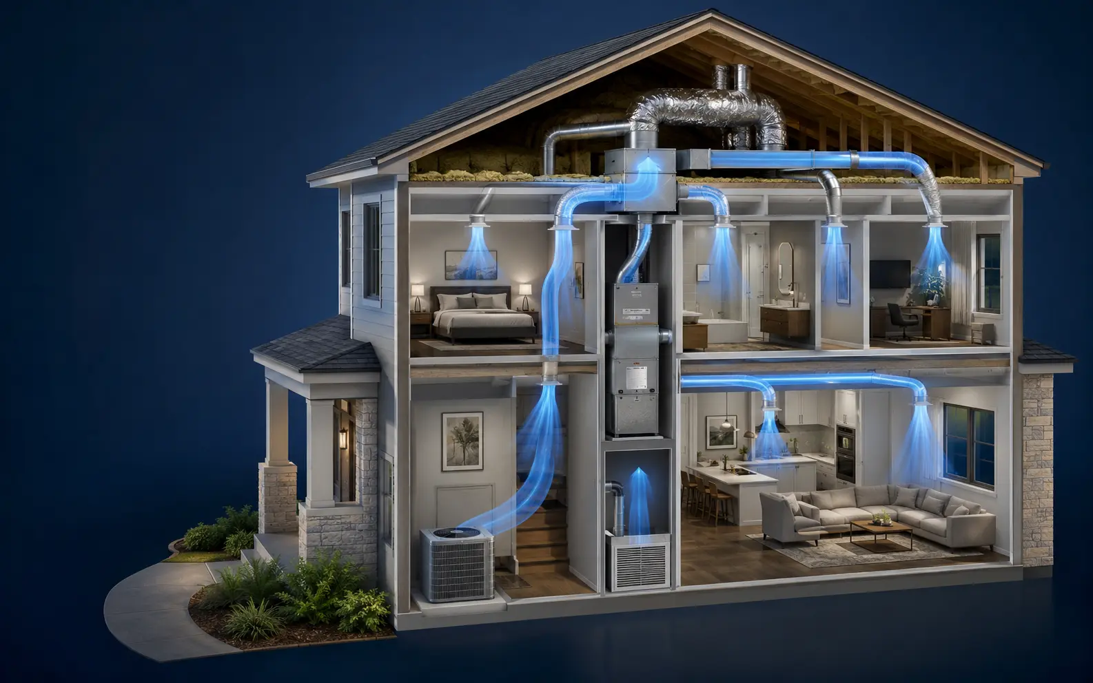 3D cutaway showing supply and return airflow through a North Texas home